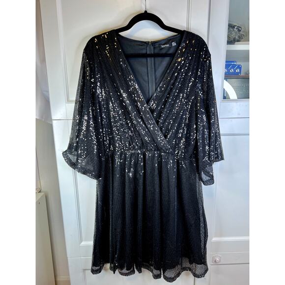 Boohoo Size 18 Sequin Kimono Sleeve Skater Dress Black Cocktail Party - Picture 13 of 14